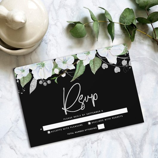 Bat Mitzvah Black Silver Script Floral Waterverf RSVP Kaartje