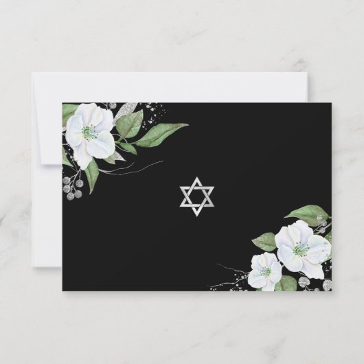 Bat Mitzvah Black Silver Script Floral Waterverf RSVP Kaartje (Achterkant)