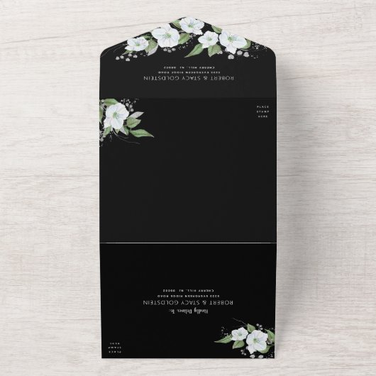 Bat Mitzvah Black Silver Script Waterverf Floral All In One Uitnodiging (Buitenkant)