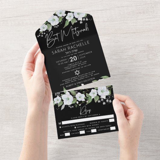 Bat Mitzvah Black Silver Script Waterverf Floral All In One Uitnodiging (Afscheurbaar)