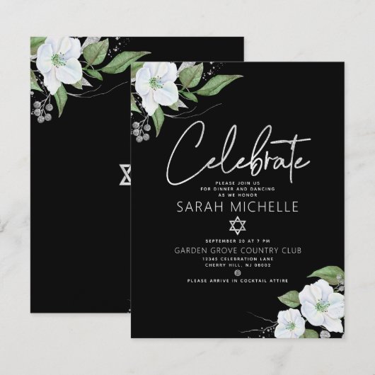 Bat Mitzvah Black Silver Script Waterverf Floral Informatiekaartje (Voorkant / Achterkant)