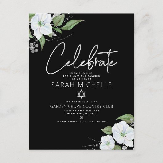 Bat Mitzvah Black Silver Script Waterverf Floral Informatiekaartje (Voorkant)