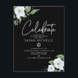 Bat Mitzvah Black Silver Script Waterverf Floral Informatiekaartje<br><div class="desc">Wees trots, blij en toon deze mijlpaal van je favoriete Bat Mitzvah! Omvat dit moderne, dunne, gepersonaliseerde tussenvoegsel voor extra informatie aan uw gebeurtenis. Een prachtige, wonderbaarlijke, witte en faux zilveren glitter florale waterverf met faux Silver folie scripttypografie en een witte zans serif type bedekt een dramatische zwarte achtergrond. Extra...</div>