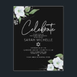 Bat Mitzvah Black Silver Script Waterverf Floral Informatiekaartje<br><div class="desc">Wees trots, blij en toon deze mijlpaal van je favoriete Bat Mitzvah! Omvat dit moderne, dunne, gepersonaliseerde tussenvoegsel voor extra informatie aan uw gebeurtenis. Een prachtige, wonderbaarlijke, witte en faux zilveren glitter florale waterverf met faux Silver folie scripttypografie en een witte zans serif type bedekt een dramatische zwarte achtergrond. Extra...</div>
