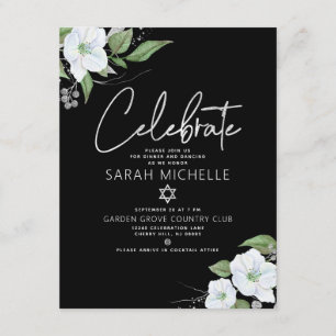 Bat Mitzvah Black Silver Script Waterverf Floral Informatiekaartje