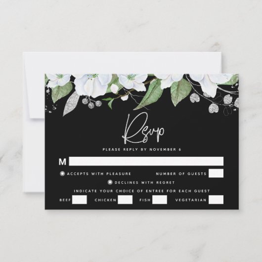 Bat Mitzvah Black Silver Script Waterverf Floral RSVP Kaartje (Voorkant)