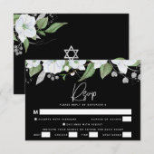 Bat Mitzvah Black Silver Script Waterverf Floral RSVP Kaartje (Voorkant / Achterkant)