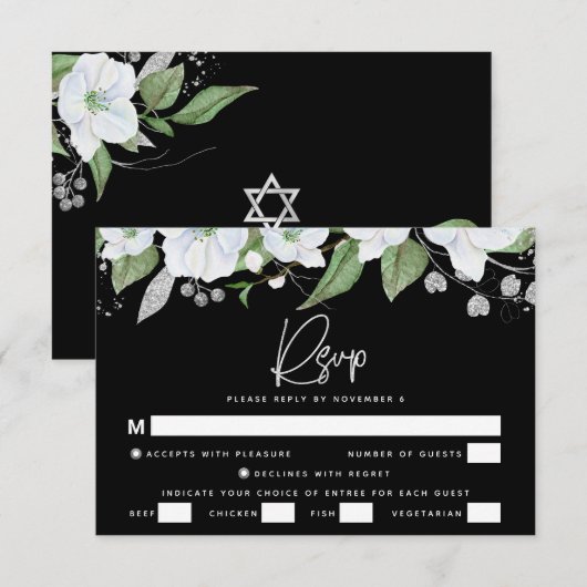 Bat Mitzvah Black Silver Script Waterverf Floral RSVP Kaartje (Voorkant / Achterkant)