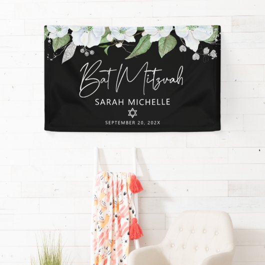 Bat Mitzvah Black Silver Script Waterverf Floral Spandoek (Insitu)