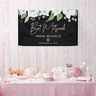 Bat Mitzvah Black Silver Script Waterverf Floral Spandoek