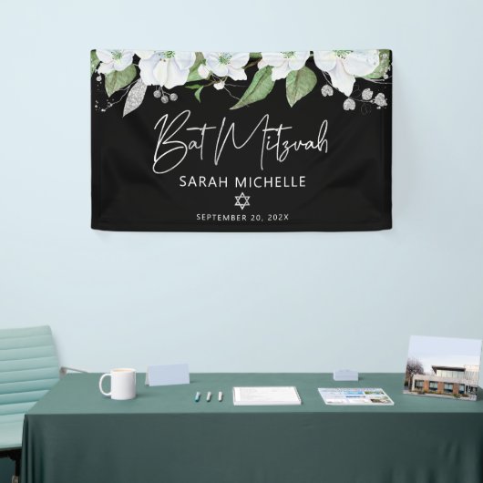 Bat Mitzvah Black Silver Script Waterverf Floral Spandoek (Beurs)