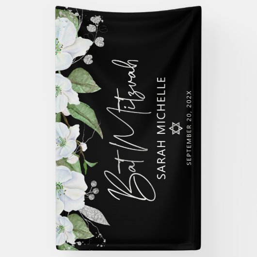 Bat Mitzvah Black Silver Script Waterverf Floral Spandoek (Verticaal)
