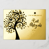 Bat Mitzvah Black Tree of Life Script Echt Goud Folie Uitnodiging (Voorkant)