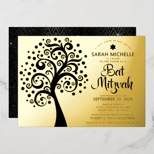 Bat Mitzvah Black Tree of Life Script Echt Goud Folie Uitnodiging (Voorkant / Achterkant)