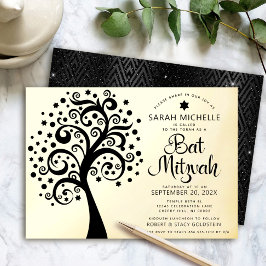 Bat Mitzvah Black Tree of Life Script Echt Goud Folie Uitnodiging