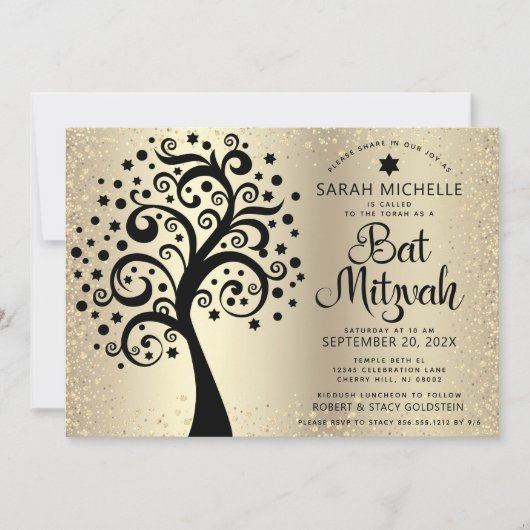 Bat Mitzvah Black Tree of Life Script Gold Foil Kaart (Voorkant)