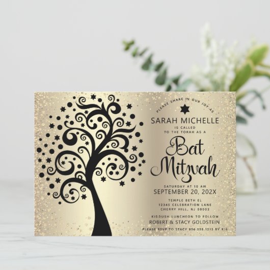 Bat Mitzvah Black Tree of Life Script Gold Foil Kaart (Staand voorkant)