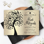 Bat Mitzvah Black Tree of Life Script Gold Foil Kaart<br><div class="desc">Wees trots, blij en toon deze mijlpaal van je favoriete Bat Mitzvah! Deze grafische zwarte boom met Star van David en stip "bladeren", samen met het zwarte kalligrafiescript, allemaal op een gesofisticeerd, faux goudglitter stip en foliombre achtergrond, is de perfecte uitnodiging voor deze speciale gelegenheid. Een faux gouden ster van...</div>