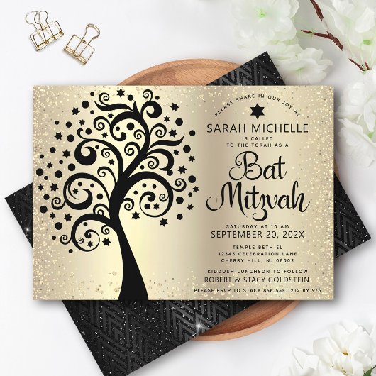 Bat Mitzvah Black Tree of Life Script Gold Foil Kaart