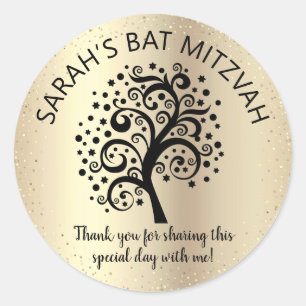 Bat Mitzvah Black Tree of Life Script Gold Foil Ronde Sticker