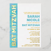 Bat Mitzvah Blau Opal Moderne Typografie Goud Folie Uitnodiging (Voorkant)