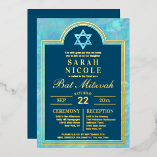 Bat Mitzvah Blau Opal Ster Van David Glam Goud Folie Uitnodiging