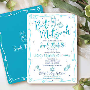Bat Mitzvah Blau Plezierige Hand Getekende Doodle  Kaart