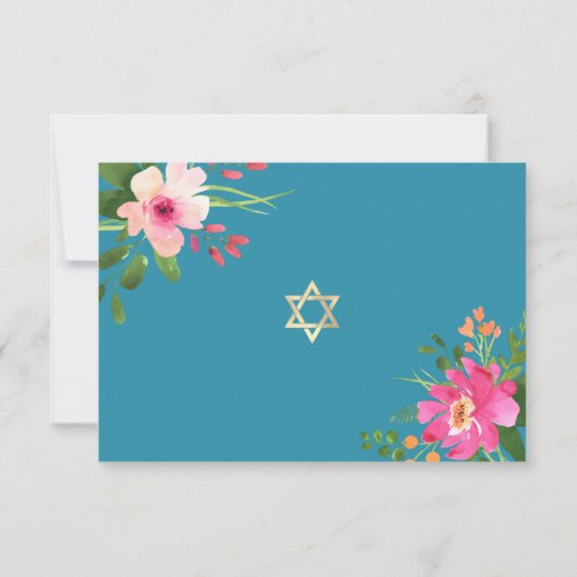 Bat Mitzvah Blauw Bloemen Waterverf Goud Script RSVP Kaartje (Achterkant)