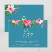 Bat Mitzvah Blauw Bloemen Waterverf Goud Script RSVP Kaartje (Voorkant / Achterkant)