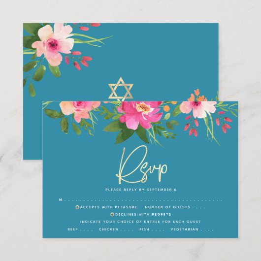 Bat Mitzvah Blauw Bloemen Waterverf Goud Script RSVP Kaartje (Voorkant / Achterkant)