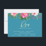 Bat Mitzvah Blauw Bloemen Waterverf Goud Script RSVP Kaartje<br><div class="desc">Wees trots, verheug je en vier deze mijlpaal van je favoriete Bat Mitzvah met deze verfijnde, gepersonaliseerde RSVP-insteekkaart voor je evenement! Een prachtige, roze en perzik bloemige waterverf met faux gouden folie script typografie en moderne witte sans serif type overlay een stoffige turquoise blauwgroen blauwe achtergrond. Extra waterverf bloemen en...</div>