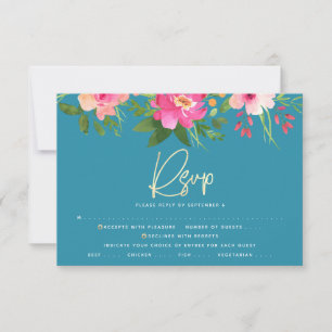 Bat Mitzvah Blauw Bloemen Waterverf Goud Script RSVP Kaartje