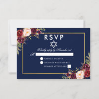 Bat Mitzvah Blauw Bourgondië Bloemen Goud RSVP
