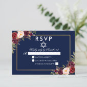 Bat Mitzvah Blauw Bourgondië Bloemen Goud RSVP (Staand voorkant)