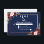 Bat Mitzvah Blauw Bourgondië Bloemen Goud RSVP Kaartje<br><div class="desc">Waterverf Bourgondië Marsala Blauw Bloemen Gouden Vleermuis Mitzvah RSVP-kaart</div>