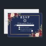 Bat Mitzvah Blauw Bourgondië Bloemen Goud RSVP Kaartje<br><div class="desc">Waterverf Bourgondië Marsala Blauw Bloemen Gouden Vleermuis Mitzvah RSVP-kaart</div>