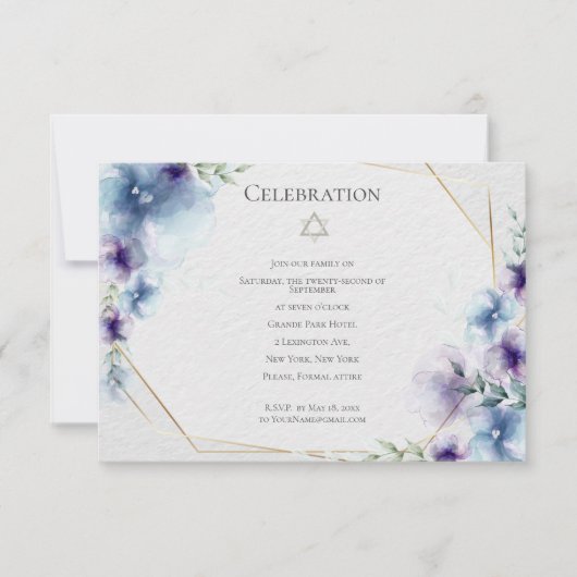 BAT MITZVAH | Blauw en violet Waterverf Bloemen Kaart (Voorkant)
