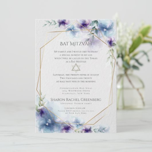 BAT MITZVAH | Blauw en violet Waterverf Bloemen Kaart (Staand voorkant)