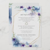 BAT MITZVAH | Blauw en violet Waterverf Bloemen Kaart (Voorkant / Achterkant)