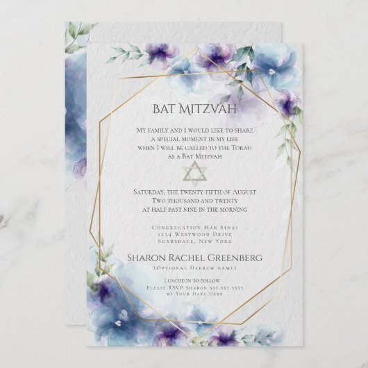 BAT MITZVAH | Blauw en violet Waterverf Bloemen Kaart (Voorkant / Achterkant)