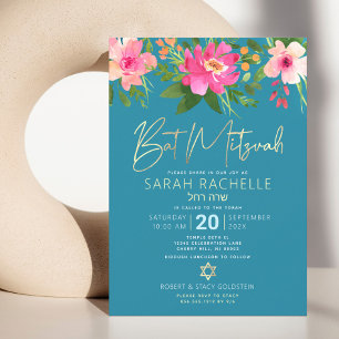Bat Mitzvah Blauw Goud Schrift Bloemige Waterverf Kaart