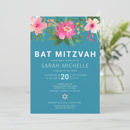 Bat Mitzvah Blauw Waterverf Bloemendecor Modern Ee Kaart (Staand voorkant)