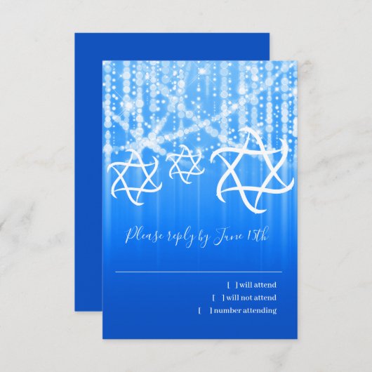 Bat Mitzvah Blauw Wit Sparkly Lights RSVP Kaartje (Voorkant / Achterkant)