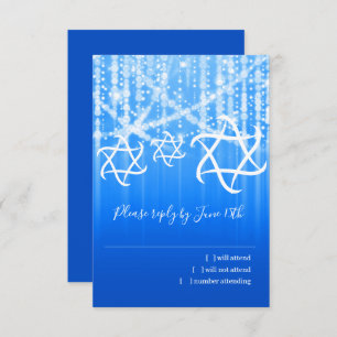Bat Mitzvah Blauw Wit Sparkly Lights RSVP Kaartje