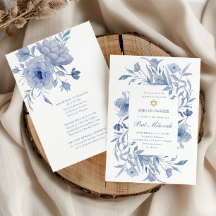 Bat Mitzvah Blauw-witte bloemenchinoiserie Kaart