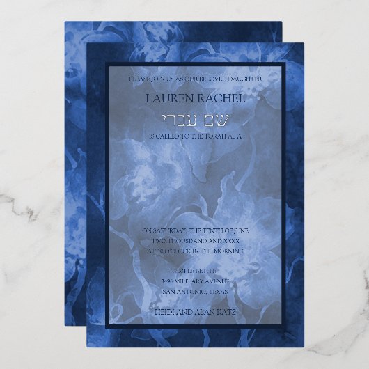 Bat Mitzvah Blauwe Waterverf Bloemen Uitnodiging (Voorkant / Achterkant)