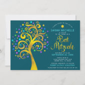 Bat Mitzvah Blauwgroen Blue Chic Gold Foil Tree of Kaart (Voorkant)
