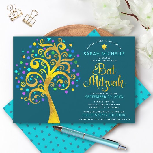 Bat Mitzvah Blauwgroen Blue Chic Gold Foil Tree of Kaart