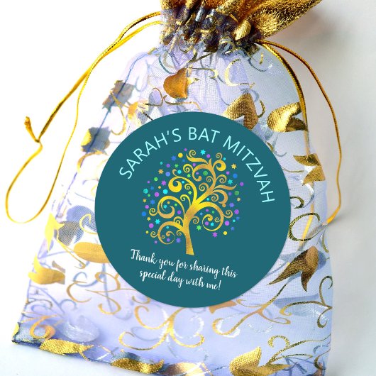 Bat Mitzvah Blauwgroen Blue Gold Foil Tree of Life Ronde Sticker