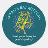 Bat Mitzvah Blauwgroen Blue Gold Foil Tree of Life Ronde Sticker (Voorkant)